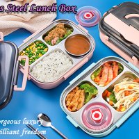 Stainless Steel Bento Box,4 Compartments Divided Lunch Box, Food Storage Container with Soup Bowl Chopsticks Spoon , Lunch Box for School Office