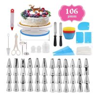106 pcs Cake Decorating Baking Equipment Set, Professional Cupcake Decorating Kit Baking Supplies Cake Turntable Rotating Turntable Stand, Frosting, Piping Bags and Tips Set, Icing Spatul Pastry Tool
