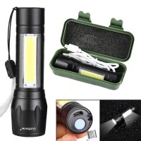 Rechargeable Torch Light XPE+COB Dual Lights 1000LM Zoomable USB Tactical Flashlight