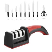 Knife Sharpener - Kitchen 3-stage Knife Sharpening System Professional Knives Tool for Chef Helps Restore Sharp Edges V-shape - Cut-Resistant Glove Included - Black
